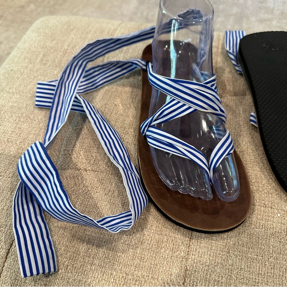 ⭐️ Sseko Brown Base Leather Ribbon Sandals with blue and white Ribbon Sz 6